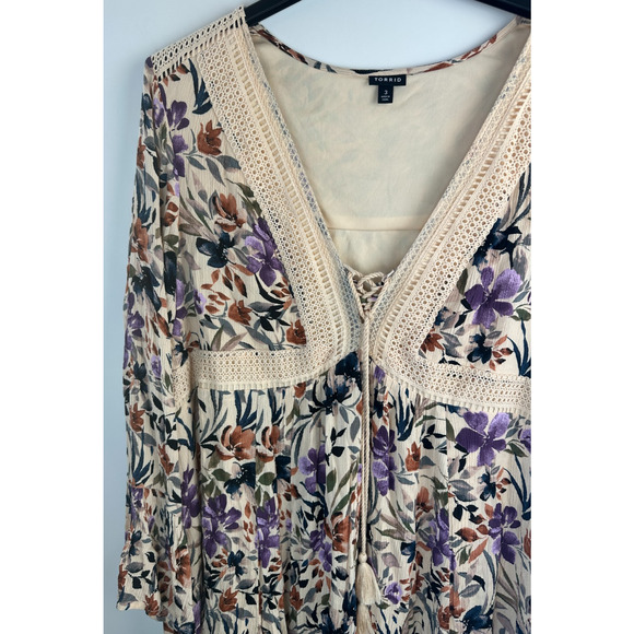 Torrid Mini Gauze Lace-Up Skater Dress Bell Sleeve Floral Plus Size 3 3X Boho - Picture 6 of 16